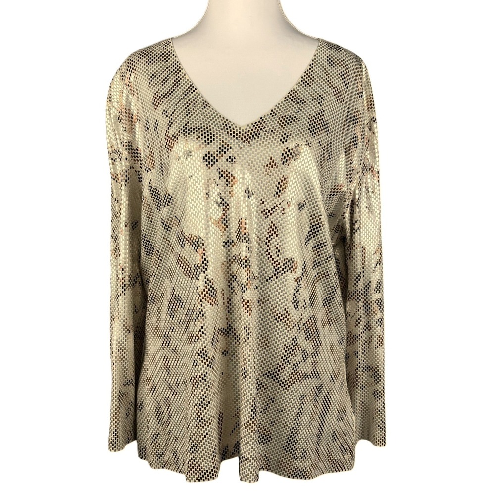 St John V-Neck Long Sleeve Top Womens L Gold Animal Sequined Paillettes Blouse